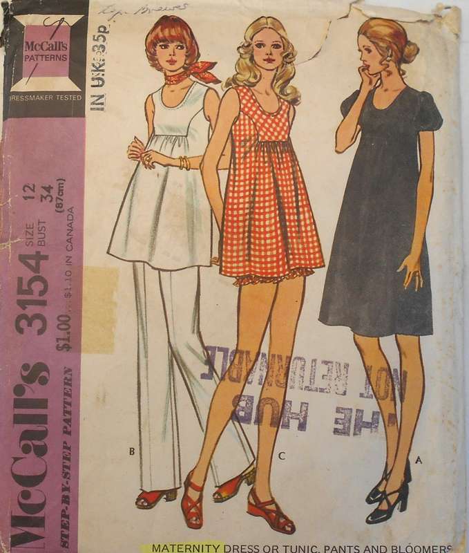 VINTAGE McCALLS 3154 MATERNITY DRESS-TUNIC-PANTS-BLOOMERS SIZE 12 BUST 34" COMPLETE