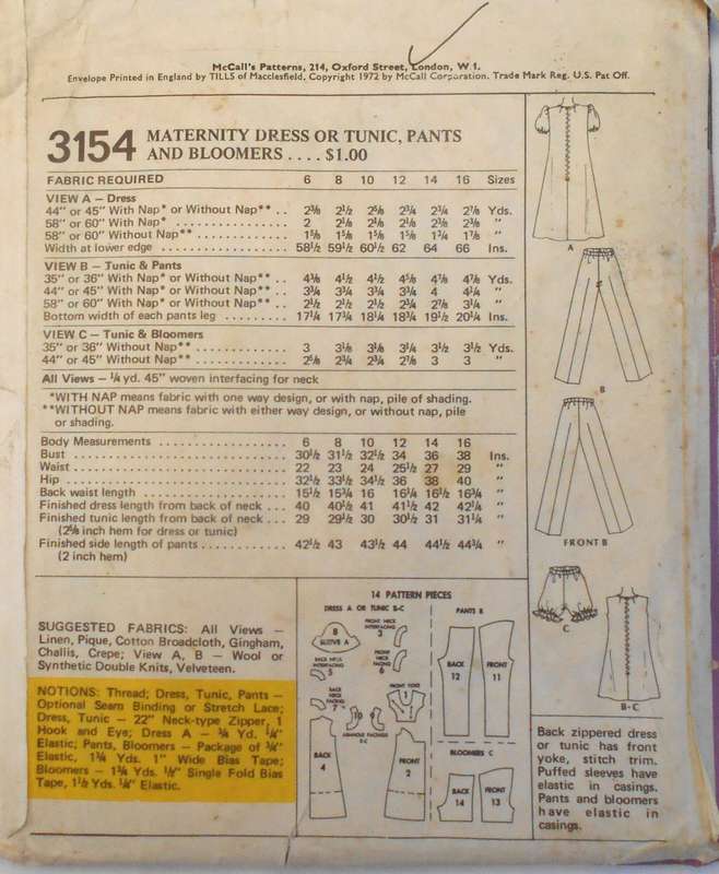 VINTAGE McCALLS 3154 MATERNITY DRESS-TUNIC-PANTS-BLOOMERS SIZE 12 BUST 34" COMPLETE