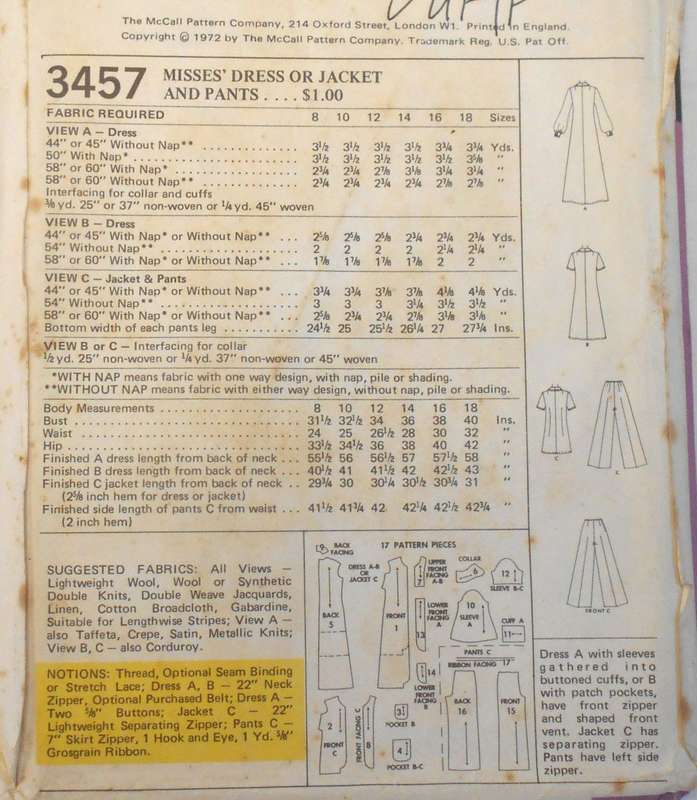 VINTAGE McCALLS 3457 DRESS-JACKET-PANTS SIZE 14 BUST 36" COMPLETE-UNCUT-F/FOLDED
