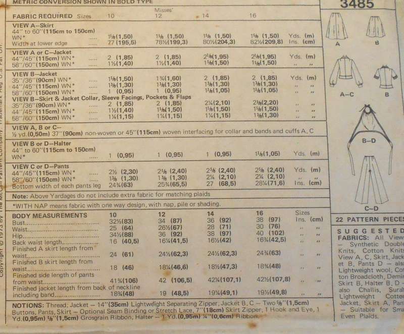 VINTAGE McCALLS 3485 THREE PIECE SUIT & HALTER SIZE 14 BUST 36" - NO SKIRT PATTERN SUPPLIED