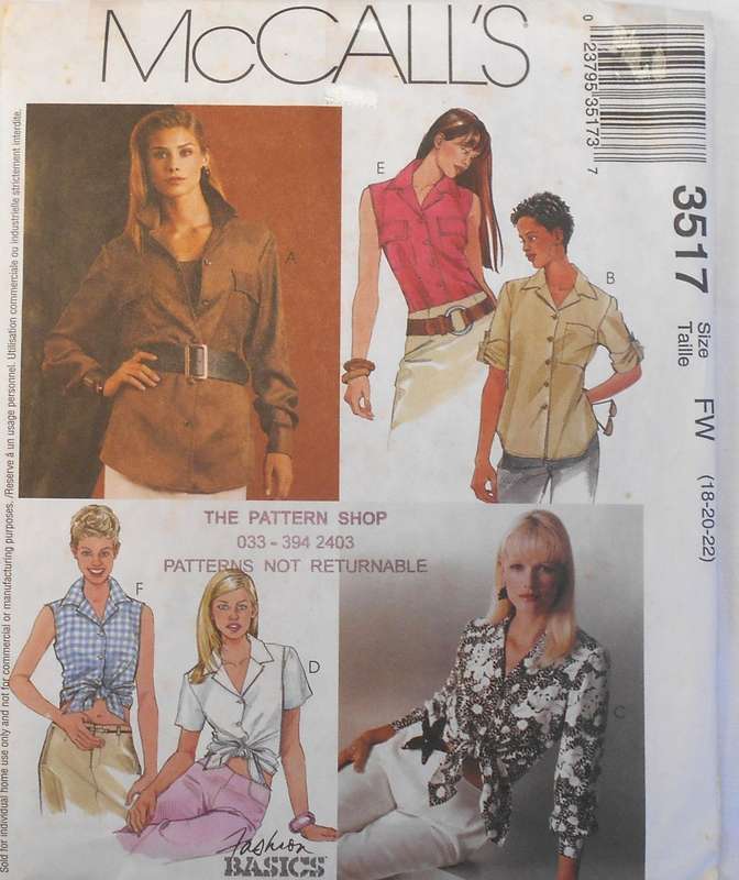McCALLS 3517 SET OF SHIRTS SIZE 18-20-22 COMPLETE CUT TO 20