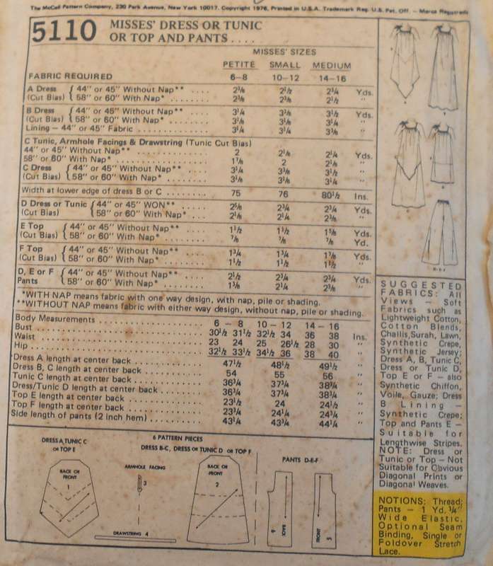 VINTAGE McCALLS 5110 DRESS-TUNIC-TOP-PANTS SIZE MEDIUM 92-97 CM COMPLETE