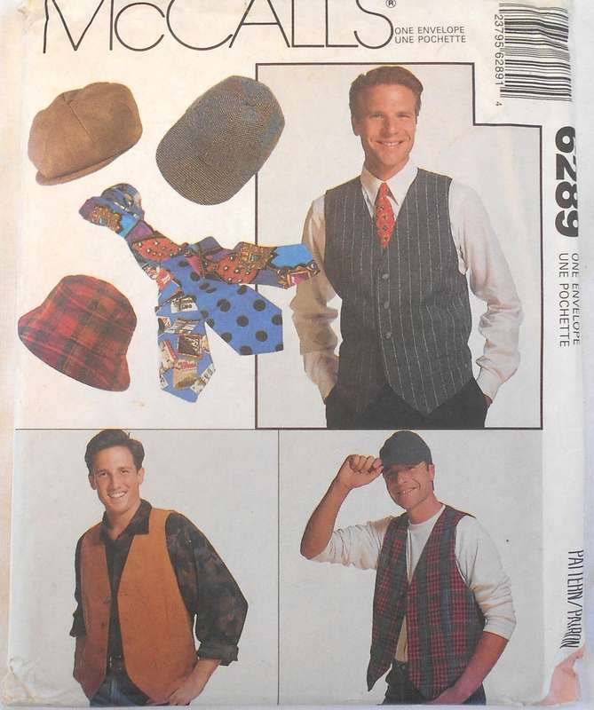 McCALLS 6289 MENS LINED WAISTCOAT-CAP-HAT-TIE SIZE S-XXXL (34- 56) COMPLETE-UNCUT-F/FOLDED