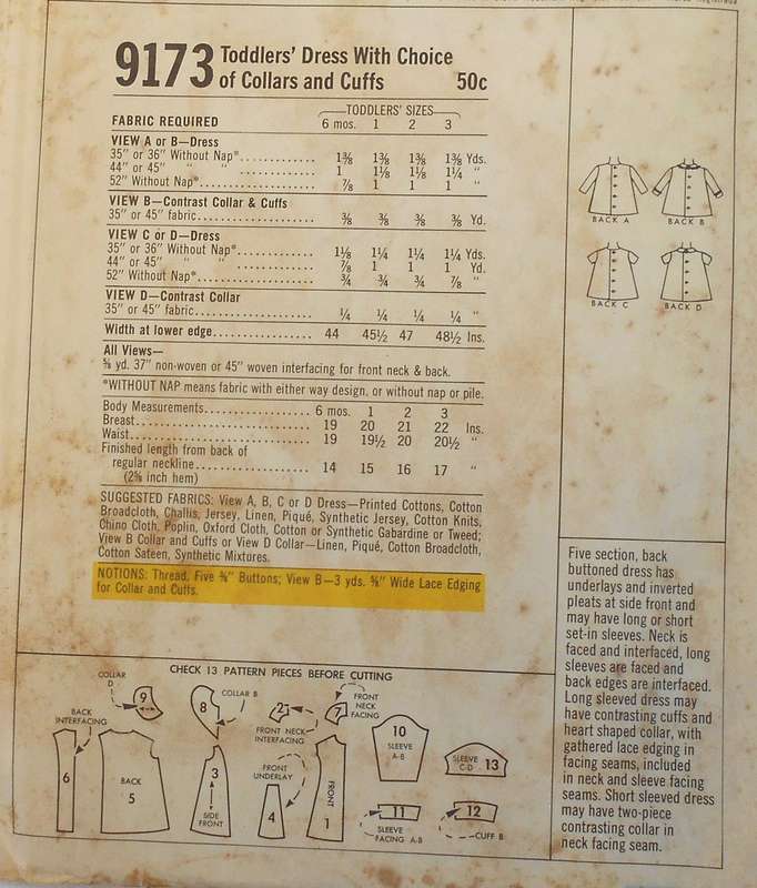 VINTAGE McCALLS 9173 BABIES DRESS+CHOICE OF COLLARS & CUFFS SIZE 6 MONTHS COMPLETE