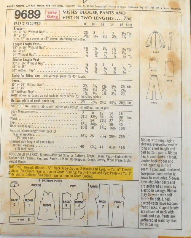 VINTAGE McCALLS 9689 BLOUSE-PANTS-WAISTCOAT IN 2 LENGTHS SIZE 10 BUST 32 1/2 COMPLETE