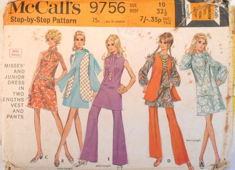 VINTAGE McCALLS 9756 DRESS IN 2 LENGTHS-WAISTCOAT-PANTS SIZE 10 BUST 32 1/2 COMPLETE-UNCUT-F/FOLDED