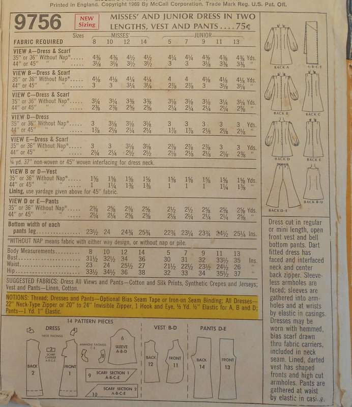 VINTAGE McCALLS 9756 DRESS IN 2 LENGTHS-WAISTCOAT-PANTS SIZE 10 BUST 32 1/2 COMPLETE-UNCUT-F/FOLDED