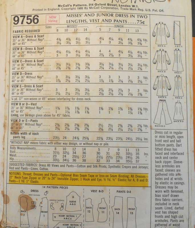 VINTAGE McCALLS 9756 DRESS IN 2 LENGTHS-WAISTCOA SIZE 10 BUST 32 1/2 - NO PANTS PATTERN SUPPLIED