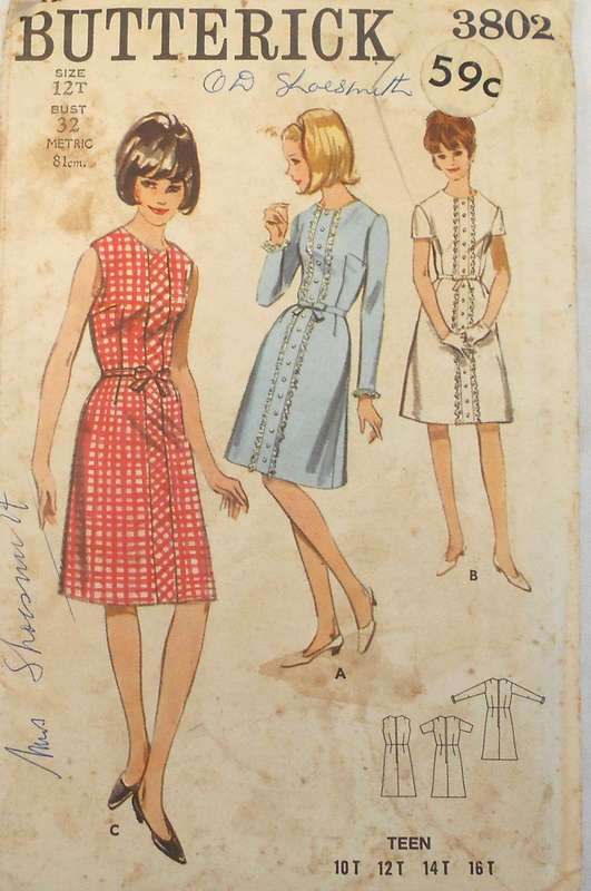VINTAGE BUTTERICK 3802 ONE PIECE DRESS SIZE 12 BUST 32 COMPLETE-UNCUT-F/FOLDED