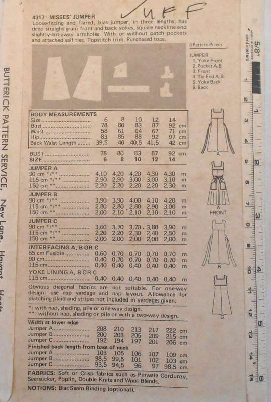 BUTTERICK 4317 PINAFORE SIZE 14 BUST 92 CM COMPLETE-UNCUT-F/FOLDED