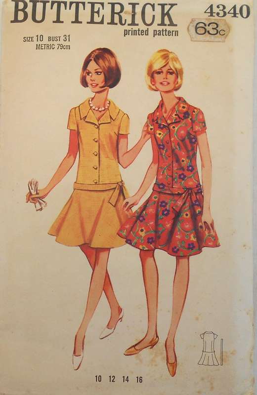 VINTAGE BUTTERICK 4340 ONE PIECE DRESS SIZE 10 BUST 31 COMPLETE