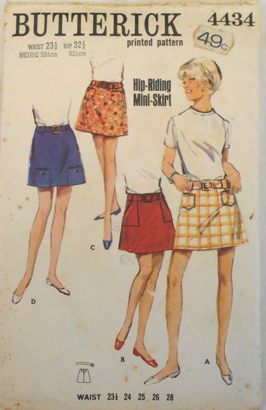 VINTAGE BUTTERICK 4434 MINI SKIRT-4 VERSIONS SIZE WAIST 23 1/2/59 1/2 CM HIP 32 1/2"/82 1/2 COMPLETE