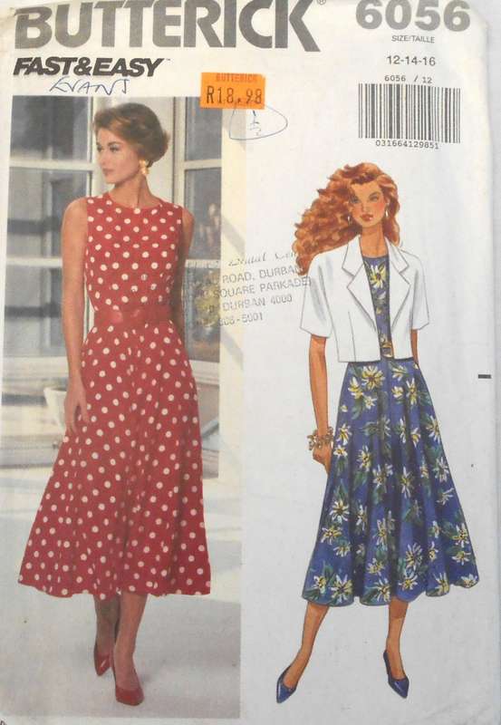BUTTERICK 6056 LOOSE FITTING DRESS & SHORT SLEEVE JACKET SIZE 12-14-16 COMPLETE-UNCUT-F/FOLDED