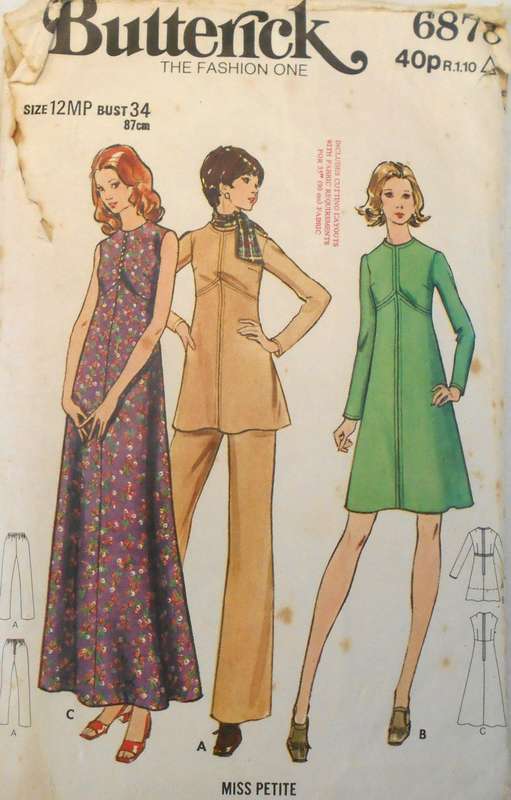 BUTTERICK 6878`DRESS-TUNIC SIZE 12 BUST 34-NO PANTS PATTERN SUPPLIED