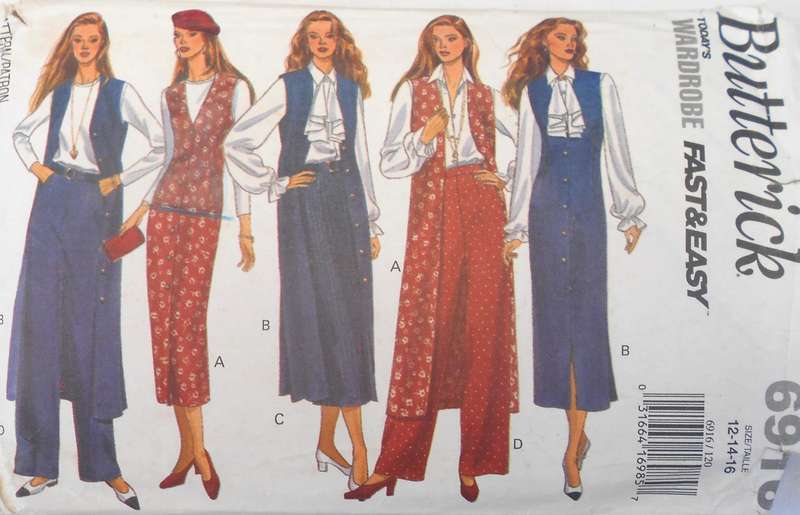 BUTTERICK 6916`PINAFORE-TOP-BLOUSE-JABOT-SKIRT-PANTS SIZE 12-14-16-COMPLETE-CUT TO 16