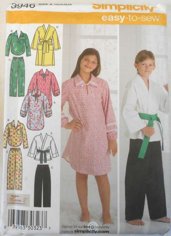 SIMPLICITY 3946 GIRLS+BOYS NIGHTSHIRT-TOP-PANTS-ROBE-KARATE TOP+BELT SIZE 7-14 YRS-COMP-UNCUT-F/F