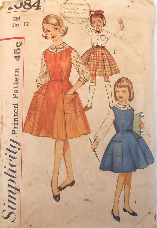 VINTAGE SIMPLICITY 4084 GIRLS ONE PIECE PINAFORE-SKIRT-BLOUSE SIZE 12 YEARS-SLEEVE BAND NOT SUPPLIED