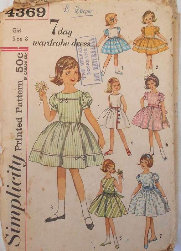 VINTAGE SIMPLICITY 4369 GIRLS SEVEN DAY WARDROBE SIZE 8 YEARS- NO SLEEVEBAND SUPPLIED