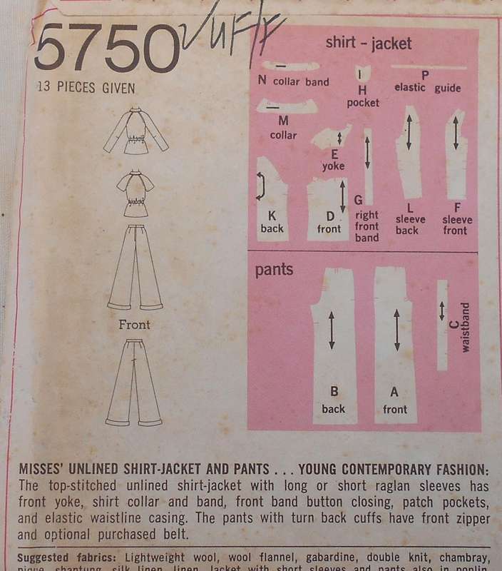 SIMPLICITY 5750 UNLINED SHIRT/JACKET & PANTS SIZE 12 BUST 34 COMPLETE-UNCUT-F/FOLDED