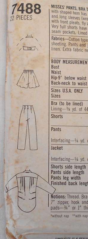 SIMPLICITY 7488 PANTS-BRA-TOP-PULL ON SHORTS-OVERSIZED UNLINED JACKET SIZE12 COMPLETE