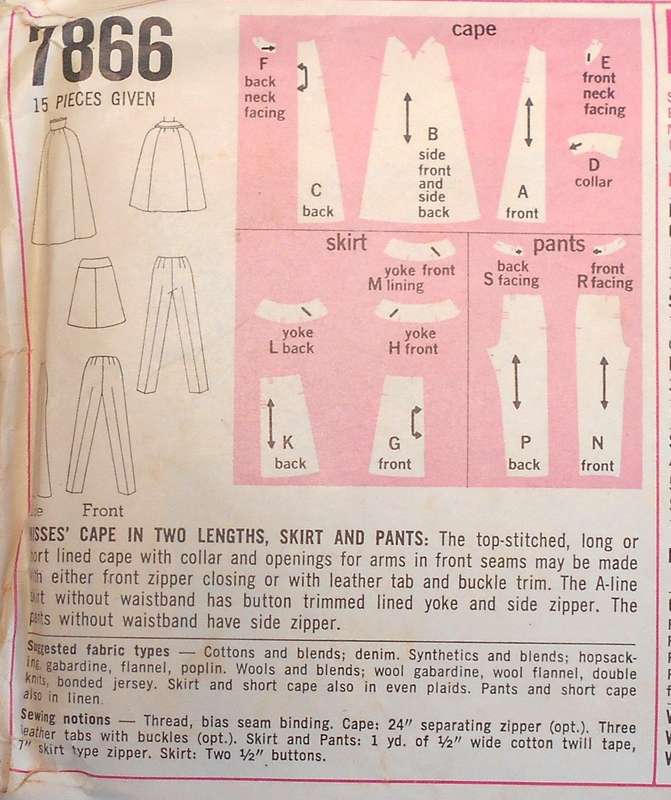 VINTAGE SIMPLICITY 7866 CAPE IN 2 LENGTHS-PANTS-SKIRT SIZE 12 BUST 34-COMPLETE