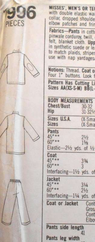 SIMPLICITY 7996 UNISEX PULL ON PANTS-UNLINED COAT-JACKET SIZE L-XL (42-48) COMPLETE-UNCUT-F/FOLDED