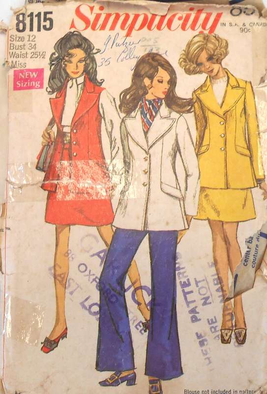 VINTAGE SIMPLICITY 8115 JACKET-SLEEVELESS JACKET-SKIRT-BELL BOTTOM PANTS SIZE 12 BUST 34 COMPLETE