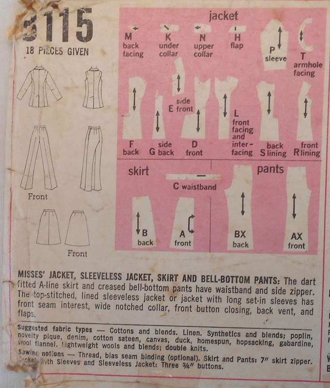 VINTAGE SIMPLICITY 8115 JACKET-SLEEVELESS JACKET-SKIRT-BELL BOTTOM PANTS SIZE 12 BUST 34 COMPLETE