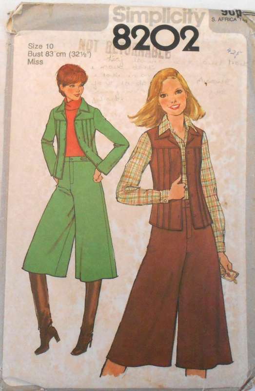 SIMPLICITY 8202 GAUCHOS-UNLINED JACKET-WAISTCOAT SIZE 10 BUST 83 CM COMPLETE