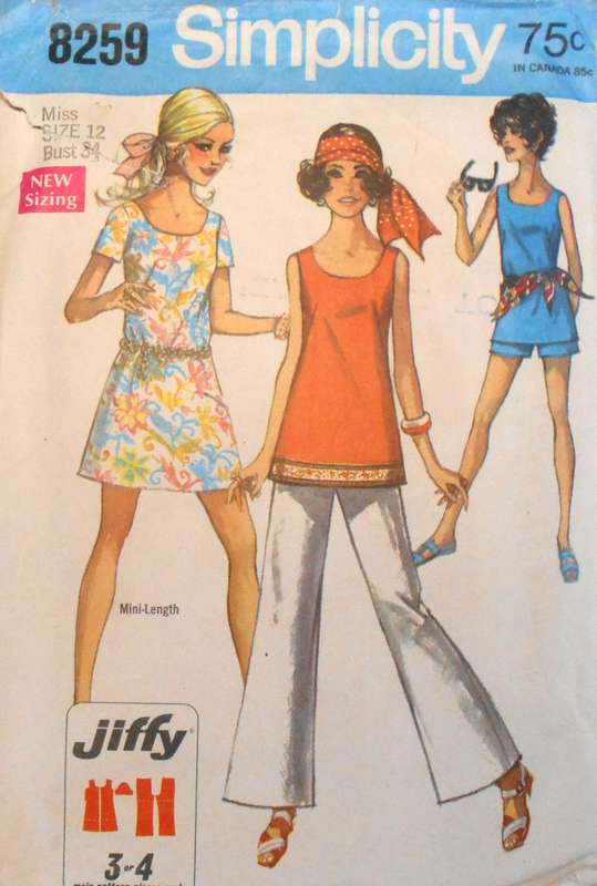 VINTAGE SIMPLICITY 8259 MINI DRESS OR TOP-BELLBOTTOM PANTS-SHORTS SIZE 12 BUST 34 COMPLETE