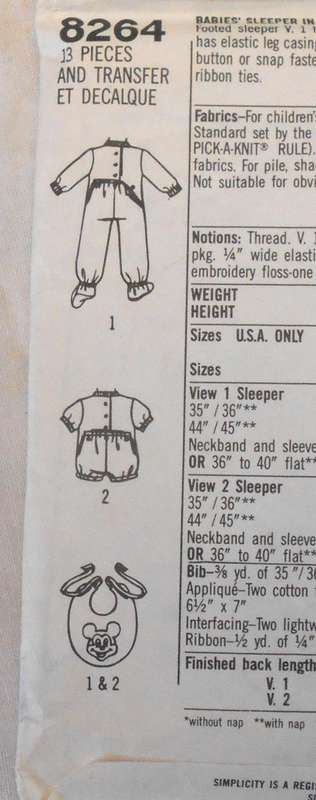 SIMPLICITY 8264 BABY SLEEPER IN 2 LENGTHS & BIB SIZE 12 MONTHS COMPLETE WITH TRANSFER