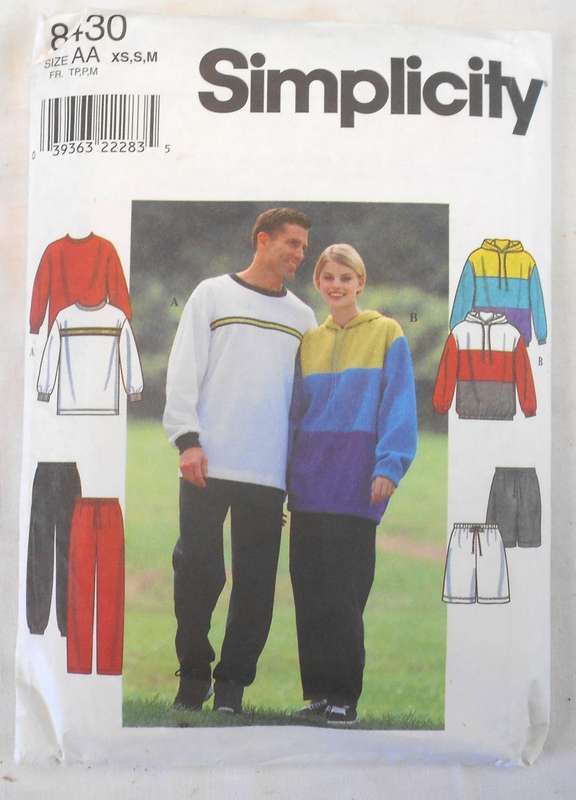 SIMPLICITY 8430 UNISEX TRACKSUIT HOODIE-TOP-PANTS-SHORTS SIZE XS-S-M (31-41) COMPLETE-CUT M (39-41)