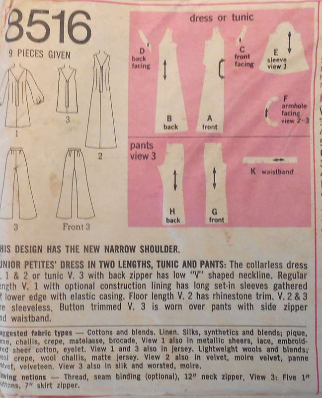 VINTAGE SIMPLICITY 8516 DRESS-TUNIC-PANTS SIZE 11jp BUST 34 COMPLETE