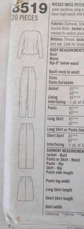 SIMPLICITY 8519 FITTED JACKET-PANTS-SKIRT SIZE 6-8-10 COMPLETE-CUT TO 10