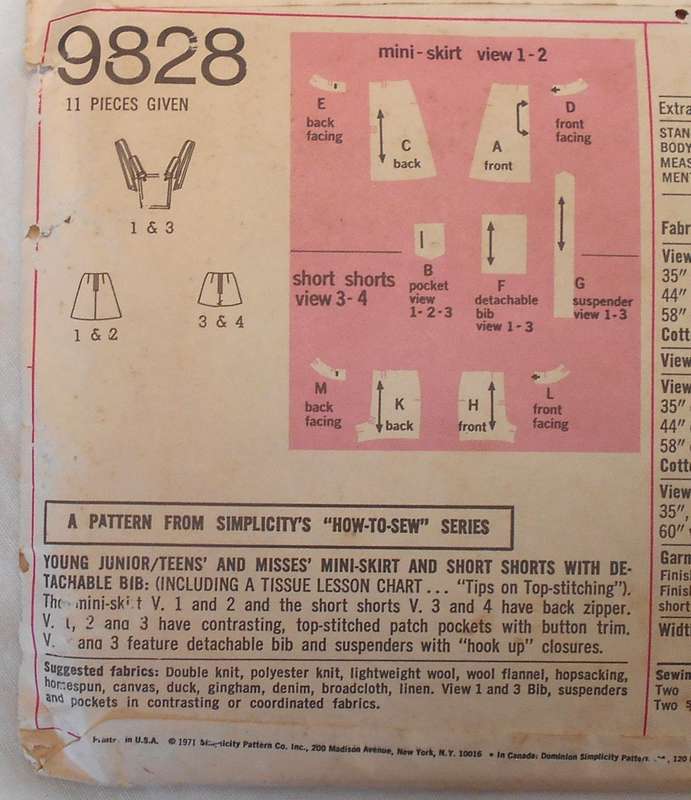 VINTAGE SIMPLICITY 9828 MINI SKIRT-SHORT SHORTS WITH DETACHABLE BIB SIZE 14 BUST 36 COMPLETE-ZIPLOC