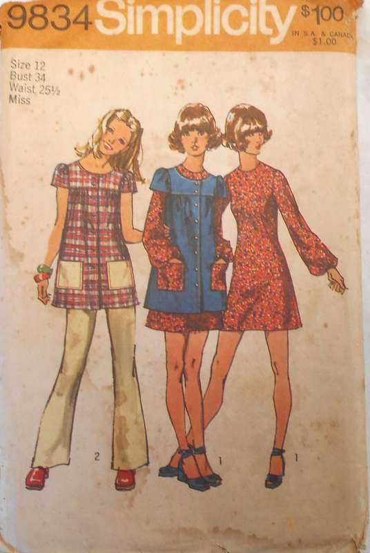 VINTAGE SIMPLICITY 9834 MINI DRESS-SMOCK-PANTS SIZE 12 BUST 34 COMPLETE