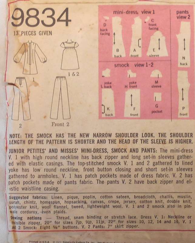 VINTAGE SIMPLICITY 9834 MINI DRESS-SMOCK-PANTS SIZE 12 BUST 34 COMPLETE