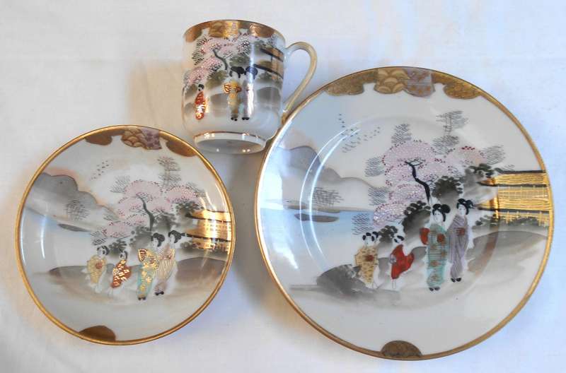 RARE EXQUISITE JAPANESE EGG THIN BONE CHINA ESPRESSO TRIO WITH GEISHA GIRL IMAGE AT BOTTOM OF CUP
