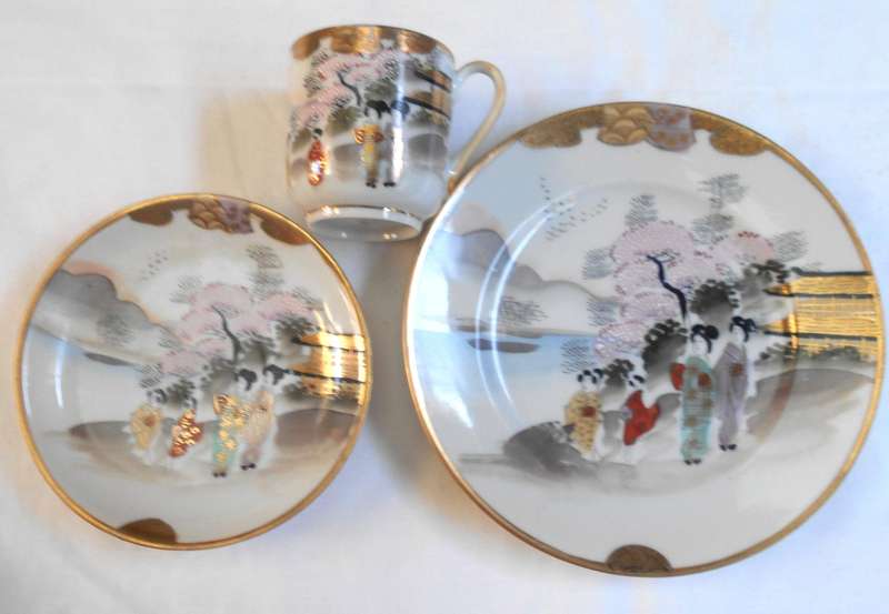 RARE EXQUISITE JAPANESE EGG THIN BONE CHINA ESPRESSO TRIO WITH GEISHA GIRL IMAGE AT BOTTOM OF CUP