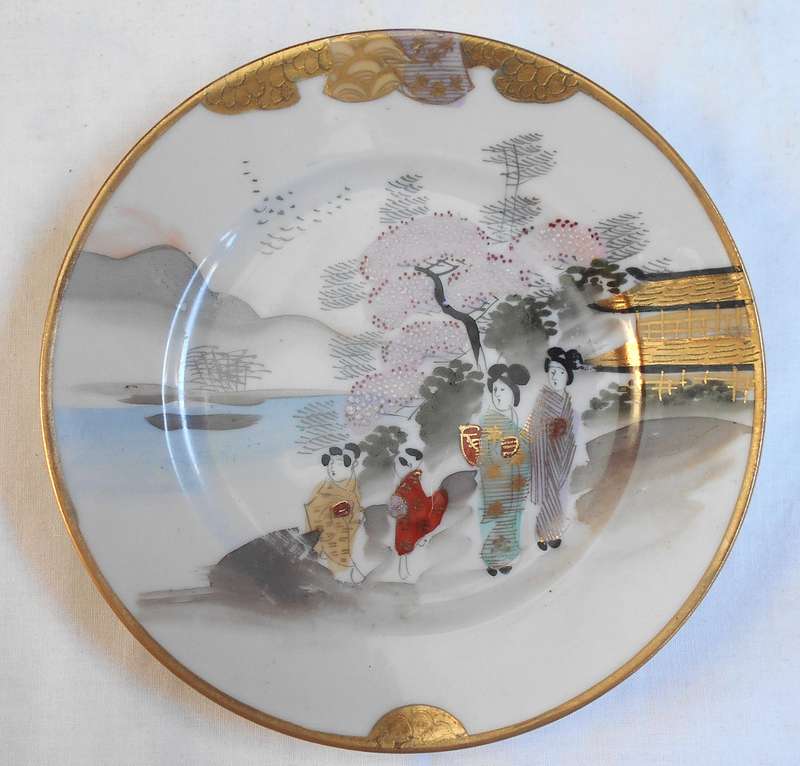 RARE EXQUISITE JAPANESE EGG THIN BONE CHINA ESPRESSO TRIO WITH GEISHA GIRL IMAGE AT BOTTOM OF CUP