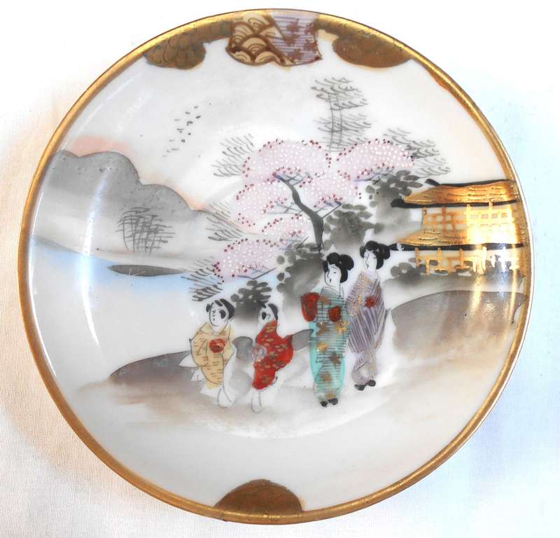 RARE EXQUISITE JAPANESE EGG THIN BONE CHINA ESPRESSO TRIO WITH GEISHA GIRL IMAGE AT BOTTOM OF CUP
