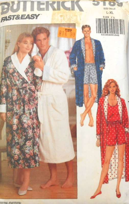 BUTTERICK 5189 UNISEX LOUNGE WEAR-ROBE-SHORTS-TANK TOP SIZE L-XL (42-48) COMPLETE-CUT TO XL (46-48)