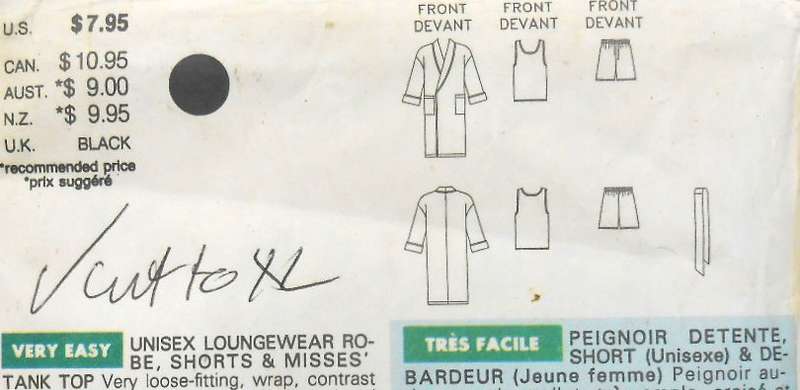 BUTTERICK 5189 UNISEX LOUNGE WEAR-ROBE-SHORTS-TANK TOP SIZE L-XL (42-48) COMPLETE-CUT TO XL (46-48)