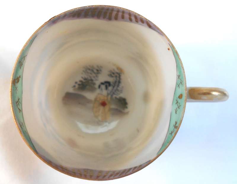 RARE EXQUISITE JAPANESE EGG THIN BONE CHINA ESPRESSO TRIO WITH GEISHA GIRL IMAGE AT BOTTOM OF CUP