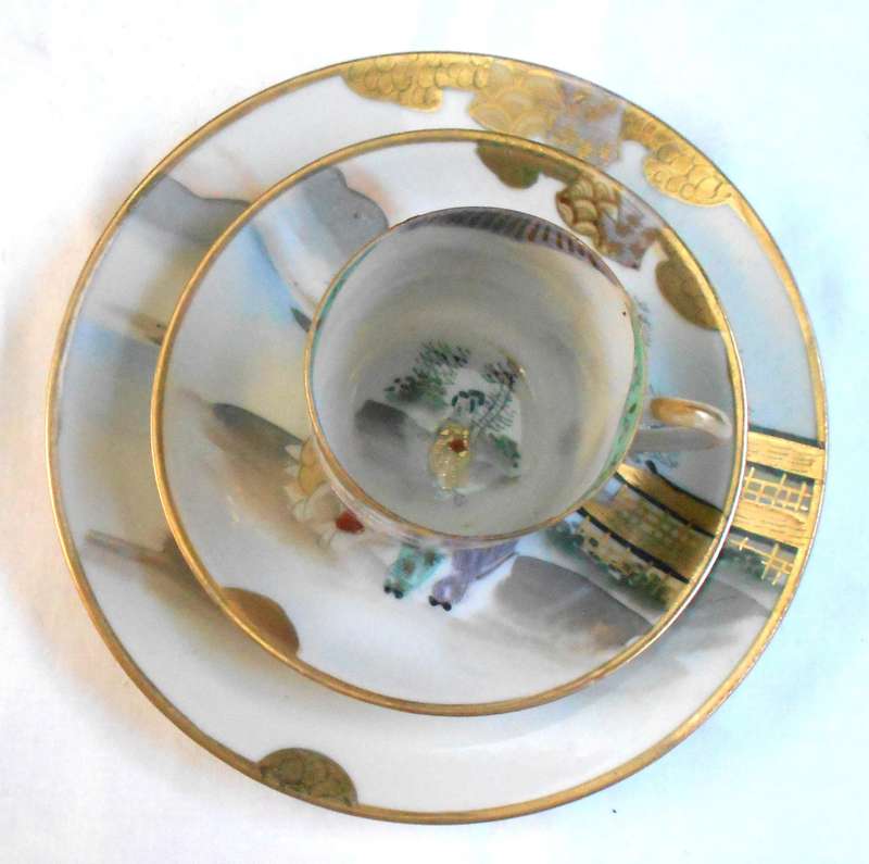 RARE EXQUISITE JAPANESE EGG THIN BONE CHINA ESPRESSO TRIO WITH GEISHA GIRL IMAGE AT BOTTOM OF CUP