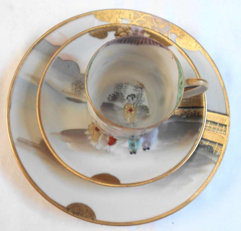RARE EXQUISITE JAPANESE EGG THIN BONE CHINA ESPRESSO TRIO WITH GEISHA GIRL IMAGE AT BOTTOM OF CUP