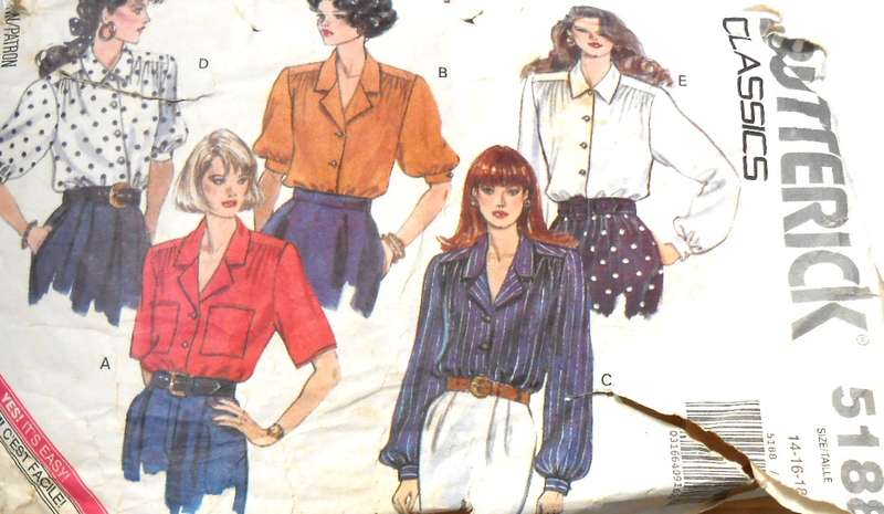 BUTTERICK 5188 SET OF SHIRTS SIZE 14-16-18 COMPLETE-CUT TO 14-ZIPLOC