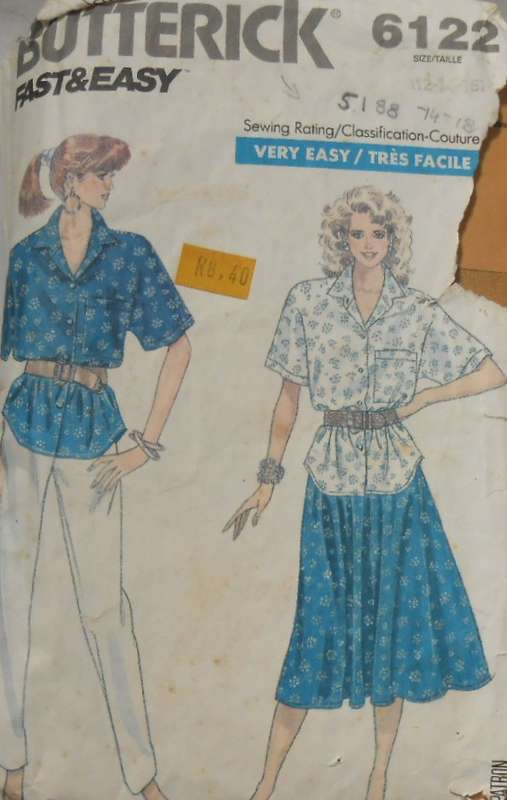BUTTERICK 6122 SHIRT-PANTS-SKIRT SIZE 12-14-16 COMPLETE-CUT TO 16-ZIPLOC