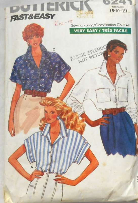 BUTTERICK 6241 HALF SIZE BLOUSE SIZE 8-10-12 COMPLETE-CUT TO 12