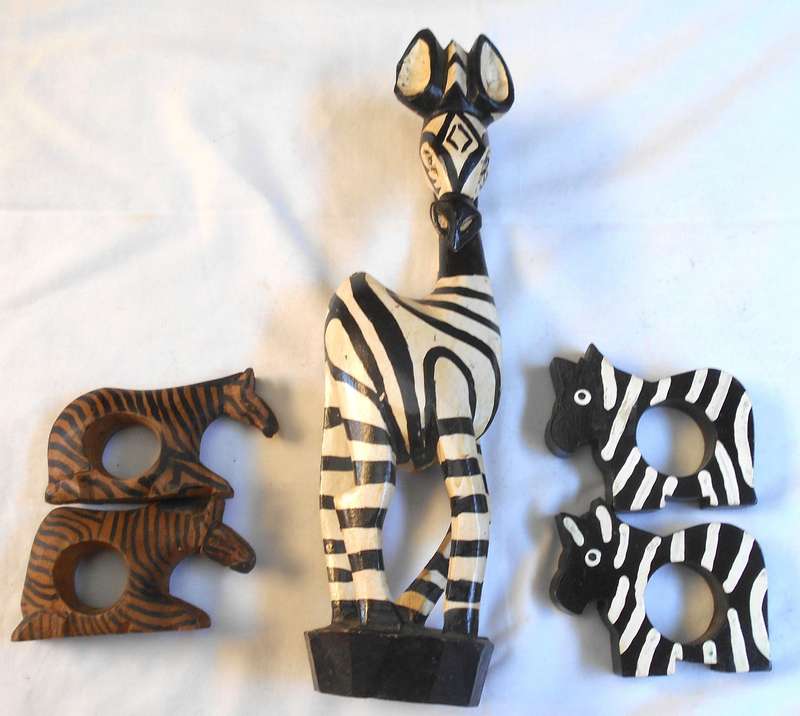 HANDMADE WOOD ZEBRA FIGURENE & TWO PAIRS OF DIFFERENT ZEBRA SHAPED NAPKIN RINGS